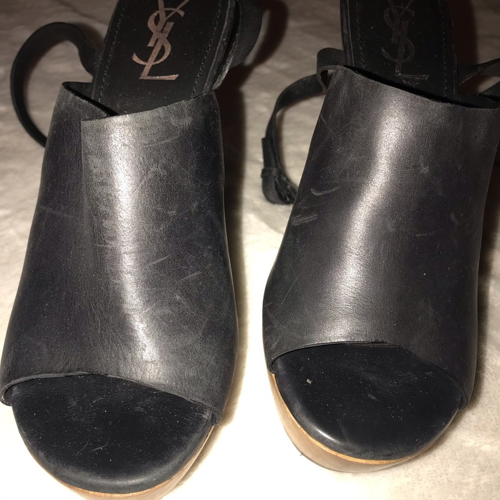 YSL back leather/wood ankle strap heels (9)💜HP❤️ - Picture 4 of 8